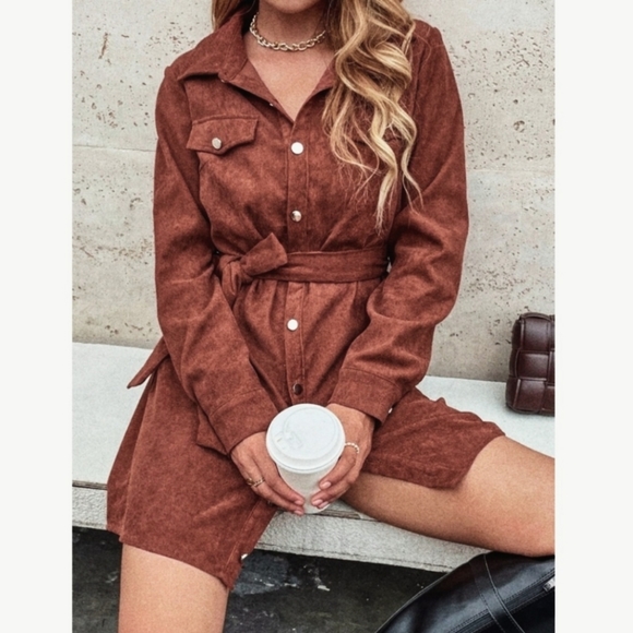 *NEW Corduroy Shirt Dress Shacket Belted Button Up Spice Brown - Picture 3 of 10